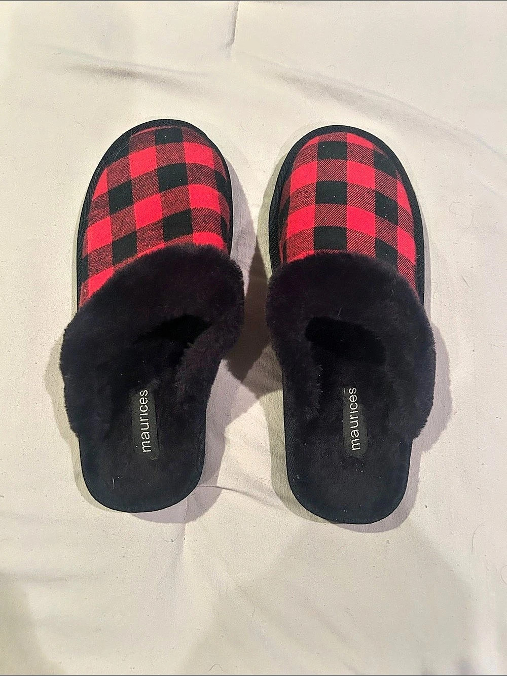 maurices Buffalo Plaid Faux Fur Slippers Trim Slippers Black & Red